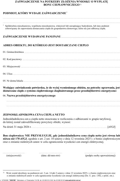 Bon ciepłowniczy - zaświadczenie